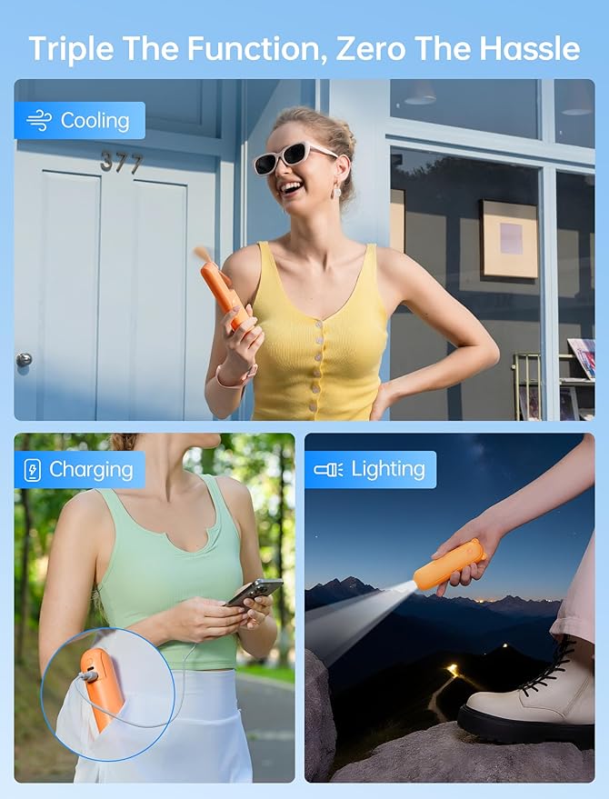 JISULIFE 3 IN 1 Handheld Mini Fan - Portable Fan & Power Bank & Flashlight, 19H Max Cooling, USB Rechargeable, Pocket-Sized for Travel, Cruise, Concerts, Makeup, Summer Gifts for Women(Tropical Coral) - Image 2