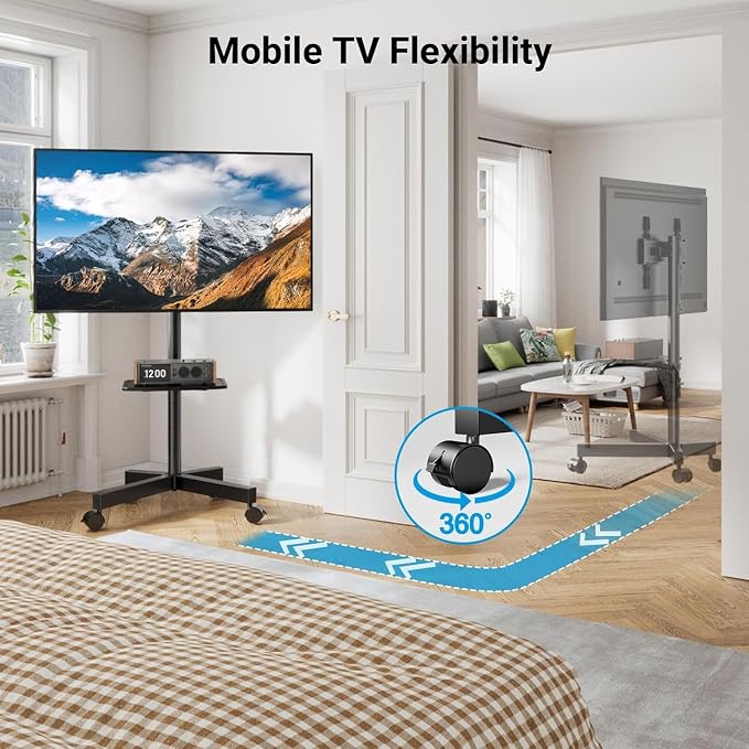 PERLESMITH Rolling TV Stand, Mobile TV Stand for 23-60 Inch LCD LED TVs, Tilt TV Stand Wheels Holds up to 88Lbs, Portable TV Stand for Bedroom with Shelf, Outdoor TV Stand Max VESA 400x400mm PSTVMC06 - Image 6