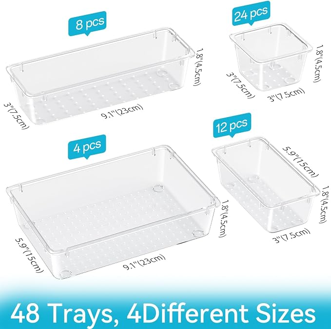 ElegantArray 48 PCS Drawer Organizer Set, 4 Sizes Tool Storage Trays, Clear Plastic Makeup Vanity Organizer and Storage Bins for Makeup, Stationeries, Multiple Gadgets for Bathroom, Office, Bedroom - Image 2