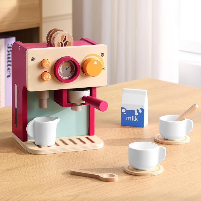GAGAKU Wooden Coffee Machine Toy for Toddlers, Montessori Learning Toys for 3 4 5 Year Old Girls & Boys, Realistic Pretend Play Kitchen Accessories with Espresso Maker & Latte Art Set - Image 2
