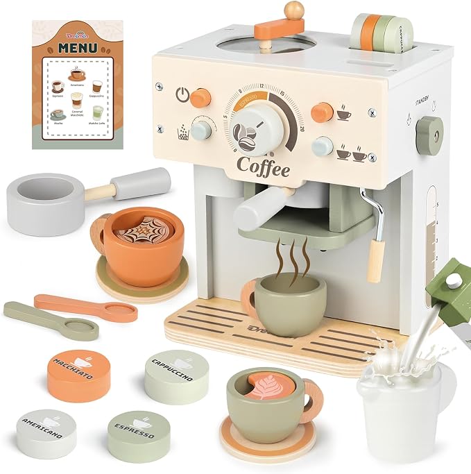 Toy Coffee Maker Wooden Kitchen Accessories for Kids Pretend Play, Green | Dreamon Kids Coffee Playset, Built-in Storage, Montessori Kitchen Toys for Toddlers Age 3-5 Creative Christmas Birthday Gifts by Dreamon