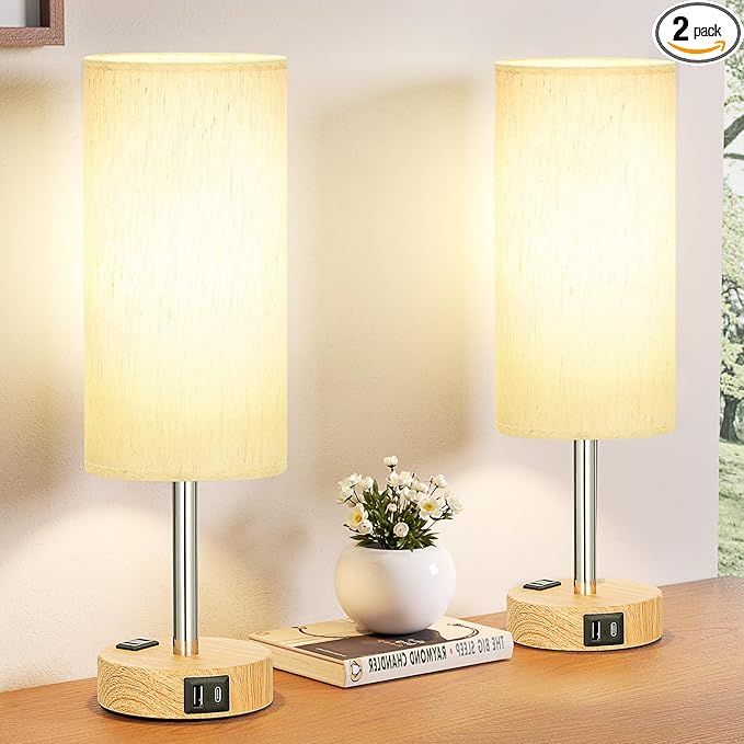 Fenmzee Small Touch Table Lamps Set of 2-3-Way Dimmable, USB A + C Charging, AC Outlet, Wood Grain Base, Bulbs Included by Fenmzeelighting