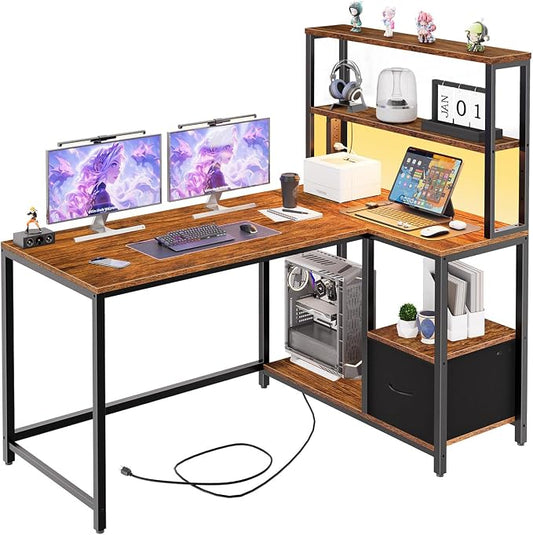 HOOBRO L Shaped Gaming Desk, 46 Inch Reversible Computer Desk with LED Light & Power Outlet, Office Desk with Storage Shelves & Drawer, for Home Office, Study, Rustic Brown and Black BF18UDDN01 by HOOBRO