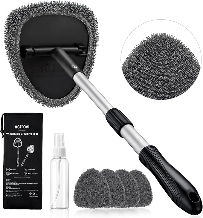 AstroAI 21" Extra-Long Windshield Cleaner Tool, Car Interior Detailing Cleaning Kit with Extendable Handle and 4 Upgraded Reusable Microfiber Pads, Auto Glass Wiper Brush Kit for Cars, Gray by AstroAI