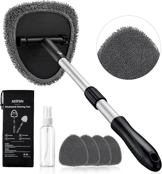 AstroAI 21" Extra-Long Windshield Cleaner Tool, Car Interior Detailing Cleaning Kit with Extendable Handle and 4 Upgraded Reusable Microfiber Pads, Auto Glass Wiper Brush Kit for Cars, Gray by AstroAI