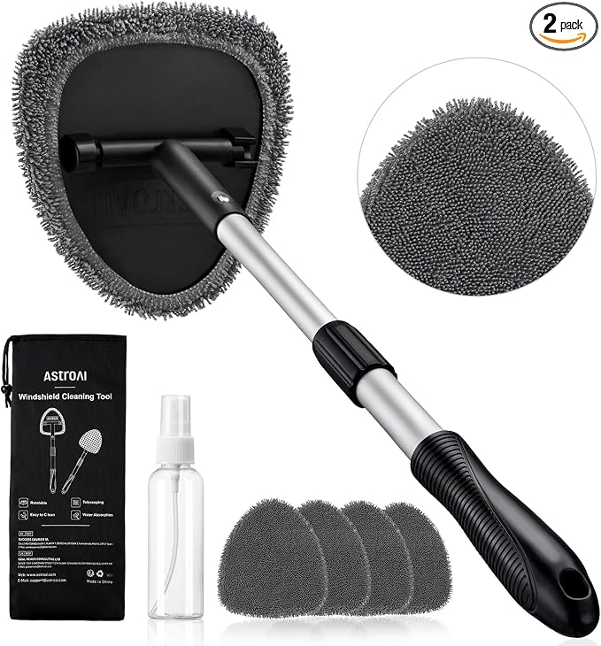 AstroAI 21" Extra-Long Windshield Cleaner Tool, Car Interior Detailing Cleaning Kit with Extendable Handle and 4 Upgraded Reusable Microfiber Pads, Auto Glass Wiper Brush Kit for Cars, Gray, 2 Pack by AstroAI