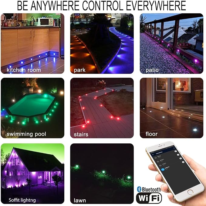 LED Deck Light Kit, 10pcs Φ1.77” WiFi Wireless Smart Phone Control Low Voltage Recessed RGBW Deck Lights with Remote, Voice Control, IP67 Waterproof Outdoor Path Stair Landscape Lighting, Black - Image 8