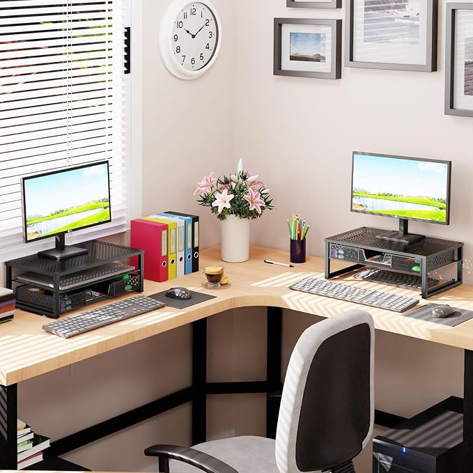 Simple Trending Metal Monitor Stand Riser and Computer Desk Organizer with Drawer for Laptop, Computer, iMac, Black | 16"W x 10"D x 6.25"H. Sturdy Metal Frame. 2-tier + drawer. Holds 66 lbs. Anti-slip. Fits laptop, monitor, iMac. Easy assembly - Image 3
