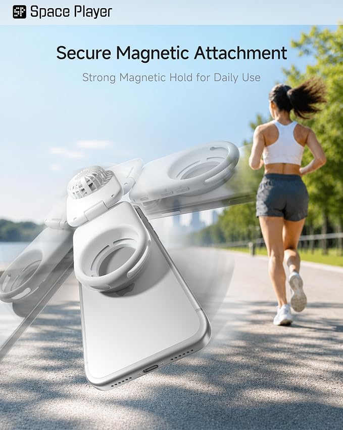 Space Player Mini Fan, Portable Handheld Fan with MagSafe Phone Mount, USB Rechargeable Cooling Fan with Selfie Fill Light Pocket Size Travel Companion for Cruise Concert Makeup and Outdoor Use,White - Image 8