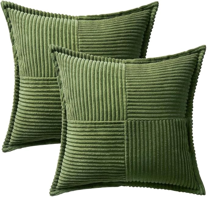 MIULEE Spring Decorative Throw Pillow Covers for Couch Bed Livingroom 20x20 Inch Set of 2 Moss Green Boho Accent Throw Pllows Broadside Striped Patchwork Soft Corduroy Summer Pillowcases - Image 6
