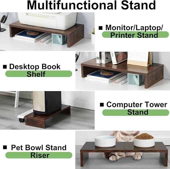 TEAMIX 2 Pack Monitor Stand Riser-20 inch, Wooden Tabletop Shelf for TV/PC/Laptop/Printer, Rustic Brown Monitor Riser with Storage, Computer Stand Ergonomic Design - Image 3