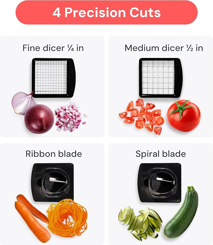 Fullstar Pro Original Vegetable Chopper & Spiralizer, Kitchen Prep Tool | 4 in 1 Veggie Slicer, Onion & Fruit Cutter with Sharp Stainless Steel Blades & Container, All-in-One Food Prep Tool (Black) - Image 4