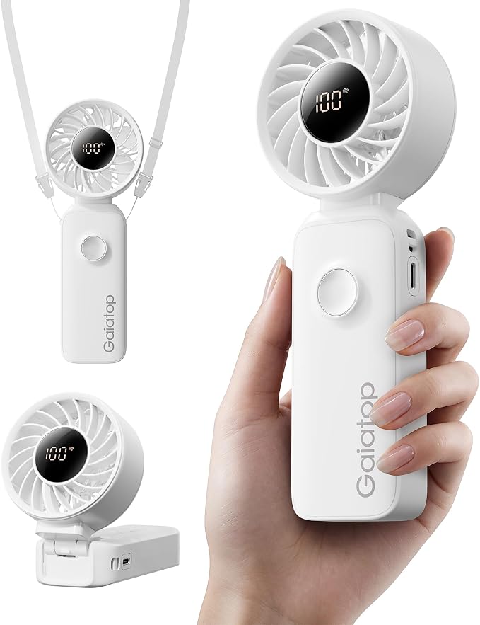 Gaiatop Portable Handheld Fan, 5 Speed Rechargeable Battery Max 18 Working Hours, 3 IN 1 Neck/Desk/Hand Fan Cooling for Travel, Beach, Women/Men Outdoor Activities Gifts - White by GAIATOP