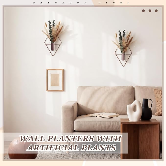 Jexine 8 Pcs Hanging Planters with Artificial Pampas Metal Hanging Vase Indoor Plants Holder Modern Geometric Boho Bathroom Wall Decor for Living Room Home Office(Bronze) - Image 7