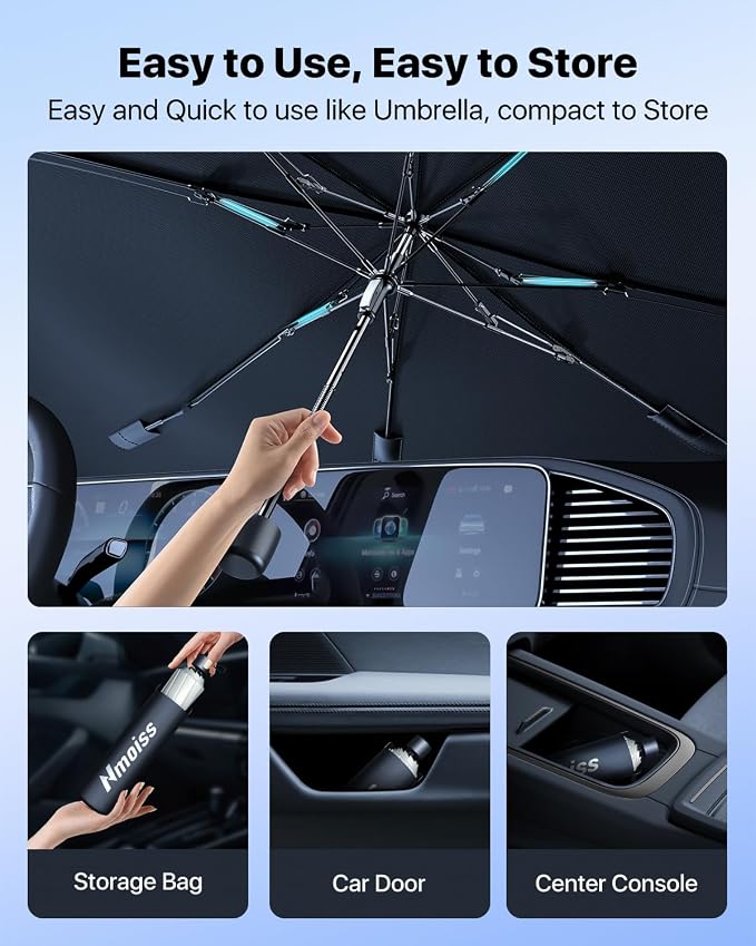 [Upgraded] Nmoiss Windshield Sun Shade Umbrella - [Vinyl Coating Heat Shield] Protect Car from Sun Rays & Heat Damage Keep Cool and Protect Interior, Spring Structure Edge Medium 56" L x 31" W - Image 8