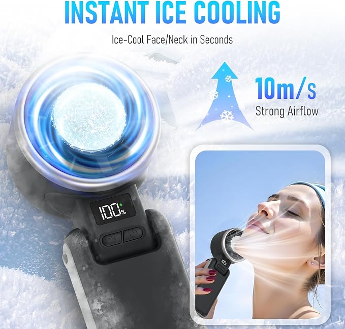 PlayHot Portable Handheld Turbo Fan with Ice Cooling, Rechargeable Personal Fan, Up tp 12Hrs Cooling, 5 Speed 25550RPM Powerful Portable Fan for Travel, Outdoor, Camping, Hiking (Black) - Image 2