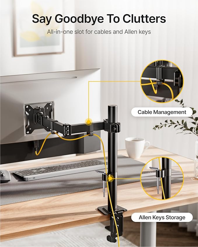 monTEK Extra-Long Monitor Arm for 17-32" Screens, 22 lbs | Articulating desk mount, extended reach, height adjustment, tilt, swivel, clamp/grommet bases and VESA 75/100 - Image 4