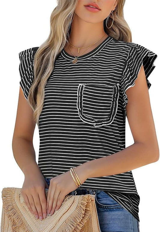 JUSTFASHIONNOW Womens Summer Tops Striped T-Shirts 2026 Ruffle Short Sleeve Crew Neck Casual Blouses with Pocket by Justfashionnow