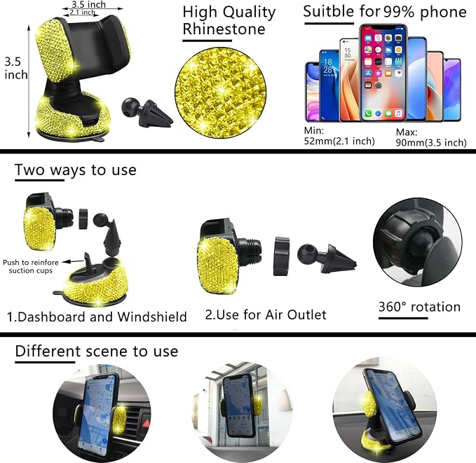 NBTEPEM 27 PCs Yellow Bling Car Accessories Set for Women, Steering Wheel Covers Universal Fit 15 Inch, Bling License Plate Frame, Bling Phone Holder, Bling Car Coasters (Yellow Diamond) - Image 6