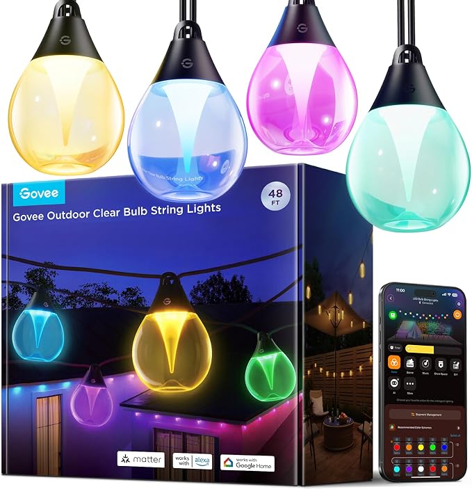 Govee Clear Bulb Outdoor String Lights, 48ft IP67 Patio & Backyard Lights | 15 RGBWIC Dimmable LED Bulbs, 111 Modes, Music Sync, IP67 Waterproof & Shatterproof, Work with Alexa, Google & Matter by Unknown