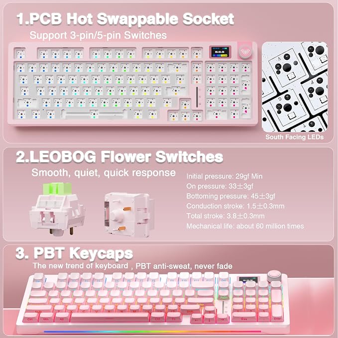 AULA S98 Pro Wireless Mechanical Keyboard with Screen & Knob,2.4GHz/USB-C/BT5.0 Hot Swappable Pink Creamy Keyboard,Pre-lubed Linear Switches,Side Printed PBT Keycaps,RGB Backlit Gaming Keyboards - Image 5