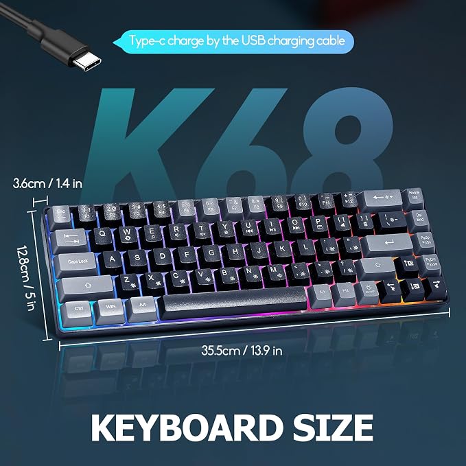 Guiheng Wired Portable 60% Mechanical Feeling Gaming Keyboard,RGB LED Backlit Compact 68 Keys Mini Wired Office Keyboard for Windows Laptop PC Mac Gamer, Typist, Travel on Business Trip Black–Grey - Image 2