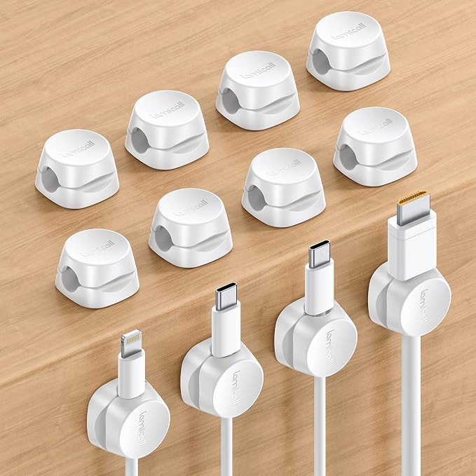 Lamicall 12 Pack Spring Cord Organizer, [1s Lock] Cable Management Clips | Office Desk Accessories, Adhesive Phone Charger Cord Holder for Nightstand, Dorm Room Home Workspace Organization Essentials by Lamicall
