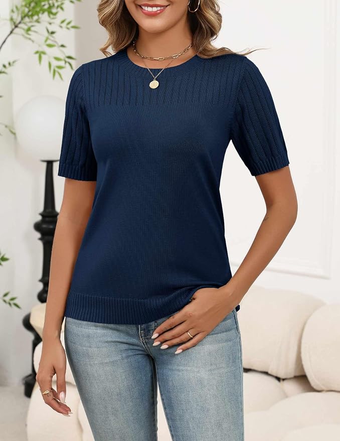 Zeagoo Women's Short Sleeve Sweater Tops 2026 Spring Summer Crew Neck Hollow Out Blouses Dressy Business Casual Outfits - Image 2