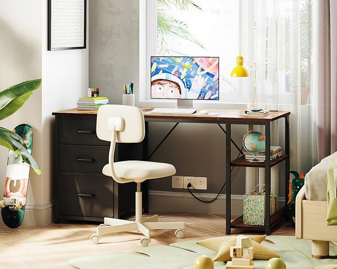 AODK 51 Inch Computer Desk with Drawers & USB Power Outlets | Reversible Home Office Desk with Storage Shelves, Work from Home, Modern Work/Writing/Study Table for Bedroom, Vintage - Image 7