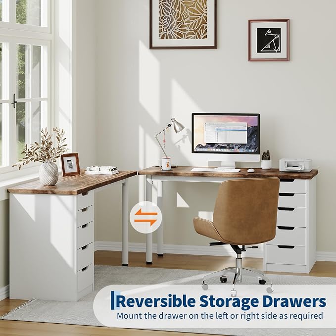 Garvee Computer Desk with 5 Drawers, 47 Inch Modern Simple Study Writing Desk with Storage, Rustic Home Office Desk, Reversible Computer Desk for Small Spaces, Apartments, Dorms, Brown+White - Image 6