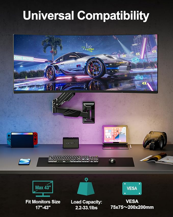 MOUNT PRO Monitor Wall Mount for 17-43" Ultrawide Screens, Single Wall Mount Monitor Arm Holds up to 33.1 lbs, Full Motion Adjustable Wall Bracket with VESA Extension Kit, VESA Mount Max 200x200mm - Image 2