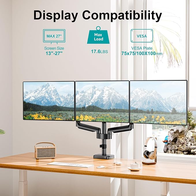 MOUNT PRO Triple Monitor Mount, 3 Monitor Desk Arm fits Three Max 27" LCD Computer Screens, up to 17.6lbs Each, Premium Gas Spring Display Stand with Tilt Swivel Rotation, Vesa Mount 75x75,100x100 - Image 3