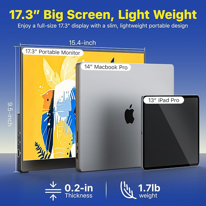 VisionOwl Portable Monitor for Laptop, IPS USB-C HDMI Travel Second Monitor for MacBook Pro Air, PC, PS5, Xbox, Portable Second Screen, Built-in Kickstand, Speakers, VESA Mountable, 17.3 Inch - Image 6