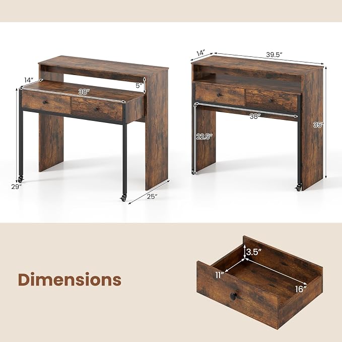 Giantex Small Computer Desk with Hutch & Drawers, Extendable Writing Desk w/Pull Out Secondary Table, Monitor Stand & Rolling Wheels, Console Table, Compact Desk for Small Spaces (Rustic Brown) - Image 3