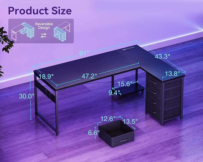 AODK 61" L Shaped Gaming Desk with 4 Drawers and Power Outlets, Black | USB Ports, PC Tower Stand, Hooks, Reversible Corner Layout for Gaming Rooms, Bedrooms and Home Office - Image 3