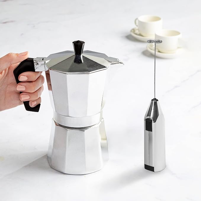 Primula Stovetop Espresso Maker and Handheld Electric Milk Frother Gift Set, Moka Pot for Classic Italian and Cuban Coffee, Cafetera, 6 Espresso Cups, Silver - Image 2