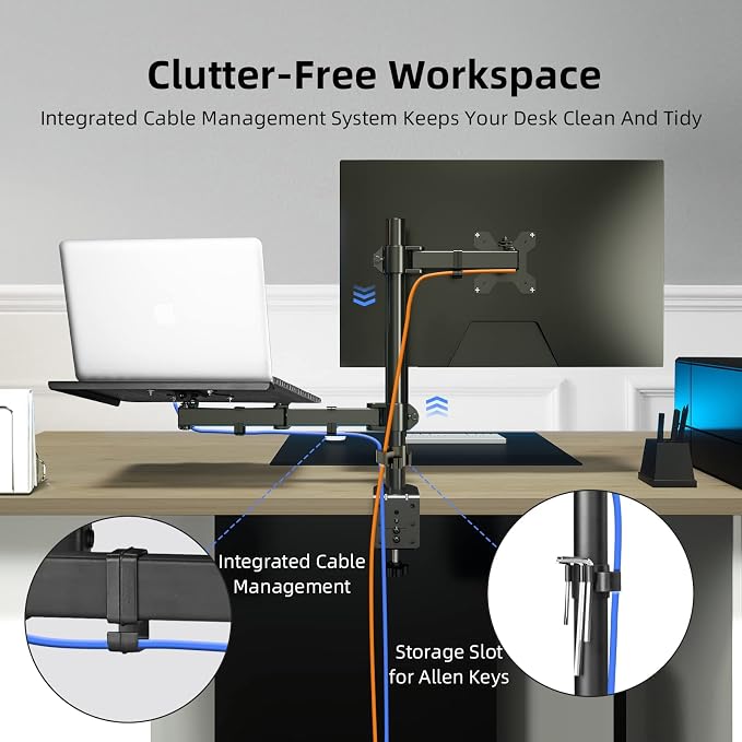 suptek Monitor and Laptop Mount Holds 13-32 inch Computer Screen, Adjustable Monitor Arm Stand with Laptop Tray for 13-27 inch, Hold 22 lbs, with Clamp and Grommet Mounting Base - Image 2