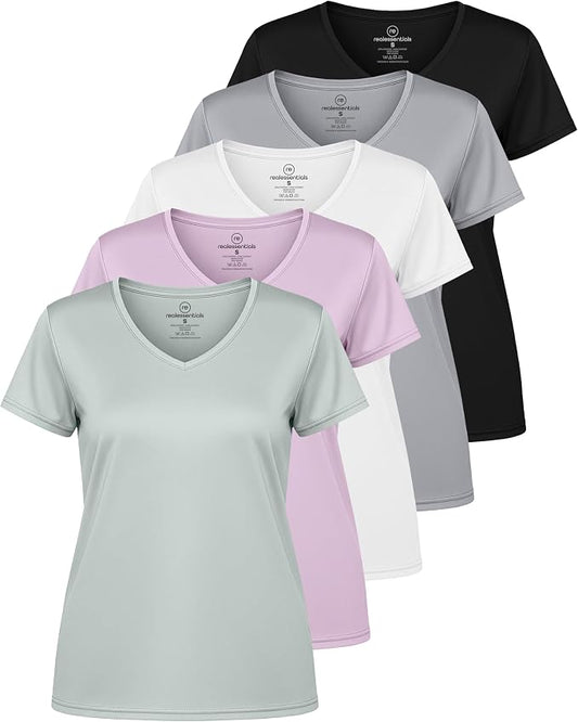 5 Pack Women's Dry Fit V Neck Workout Tops T Shirts Athletic Gym Yoga Tees | Available In Plus Size, Cooling Moisture-Wicking, Short Sleeve, Quick-Dry, Fitness, Stretch, Exercise, Running, Hiking by RealEssentials