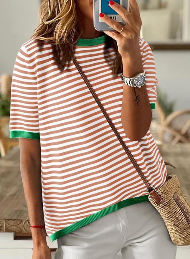 Dokotoo Womens Tops 2026 Casual Summer Crewneck Short Sleeve Striped Color Block Knit High Low Trendy Pullover Sweaters - Image 2