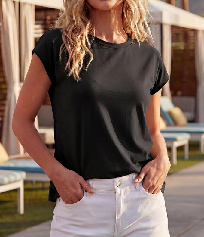 GRECERELLE Womens Summer Tops Cap Sleeve Crew Neck Basic T-Shirt | Everyday Casual Wear, Layering Friendly, Wrinkle-Resistant, Business Casual Ready, Lightweight & Packable, Capsule Wardrobe - Image 2