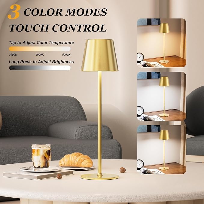 Kakanuo 20" Cordless Table Lamp Rechargeable Gold - 2 Pack 5000mAH Battery Operated Lamp for Counter, 3 Color Stepless Dimming Wireless Lamp for Dining Kitchen, Outdoor Patio, Touch Control - Image 4