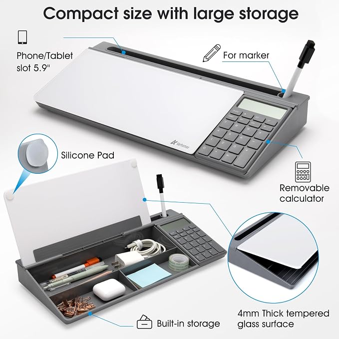 Varhomax Glass Desk Whiteboard with Calculator, Desktop Dry Erase White Board with Storage, to Do List Memo Notepad for Home and Office - Image 6