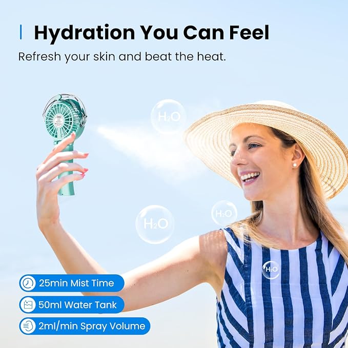 KIBEE Portable Misting Fan - 4000mAh Rechargeable, 50ml Water Tank, Foldable 180° Handheld with Mist Spray, 3-Speed Personal, Portable Charger for Travel, Outdoors, Makeup & More(Green) - Image 2