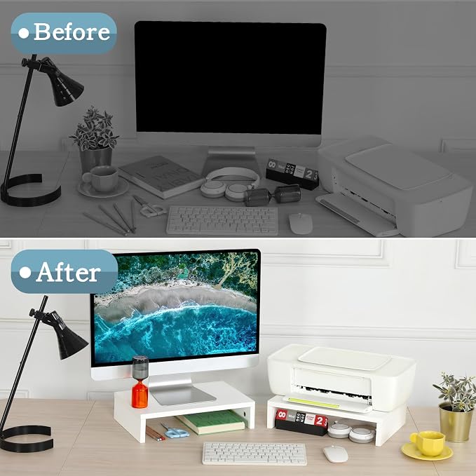 TEAMIX White Monitor Stand Riser - 2 Pack, Wood 2 Tier Adjustable Dual Monitor Riser for Laptop/PC Computer Stand for Desk - Image 6