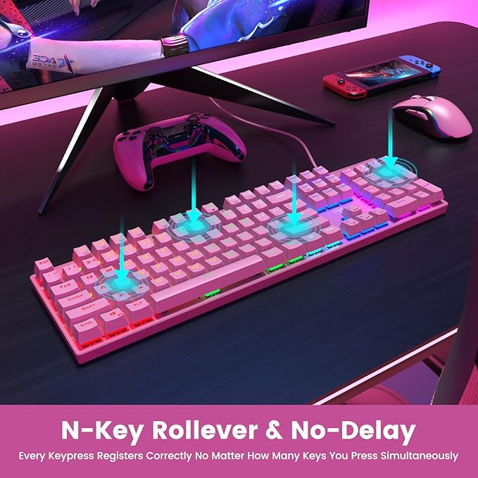 RisoPhy Mechanical Gaming Keyboard, Wired RGB 104 Keys, Blue Switch, Pink | Ultra-Slim Backlit USB Wired Keyboard, Durable ABS Keycap/Anti-Ghosting/Spill-Resistant Keyboards for PC Mac Xbox Game - Image 5