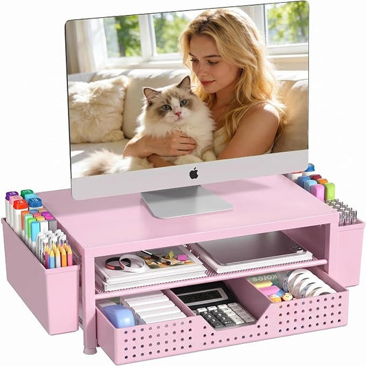 OPNICE Desk Organizers and Accessories, 2-Tier Computer Monitor Stand Riser with Drawer and 2 Pen Holders, Laptop Stand, Office Desk Accessories for Office Supplies, Pink by OPNICE