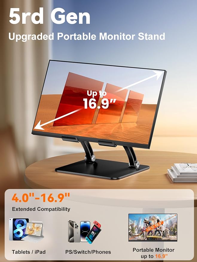 tounee Tablet Holder Stand, Dual Rod Adjustable Aluminum Desktop Stand, Compatible with 4.7-16.9" iPads, Surface Tablets, Portable Monitor, Kindle and More (Black) - Image 2