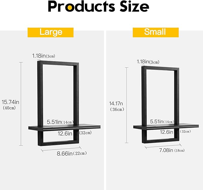 PHOENANCEE Square Floating Shelves,Wall Plants Holder,Bathroom Wall Decor,Framed Decorative Shelf Black,Modern Chic Set of 2 for Living Room Bedroom Home Office,Soild Wood,L+S - Image 3