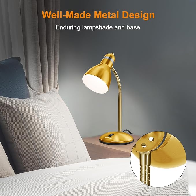 LEPOWER Metal Desk Lamp, Adjustable GooseNeck Reading Light for Bedroom | Compact & Sturdy, Space-Saving for Bedside & Dorm, E26 Table Lamp, Eye-Caring, Ldeal for Study, Office, Back to School - Image 3