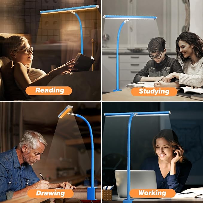 Airlonv LED Desk Lamp for Office Home, Eye-Caring Desk Light with Stepless Dimming Adjustable Flexible Gooseneck, 10W USB Adapter Desk Lamp with Clamp for Reading, Study, Workbench (Blue) - Image 5